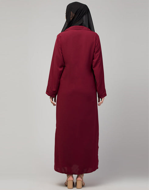 Women Abaya with coat-style collar and self-fabric buttons In the Shade Maroon
